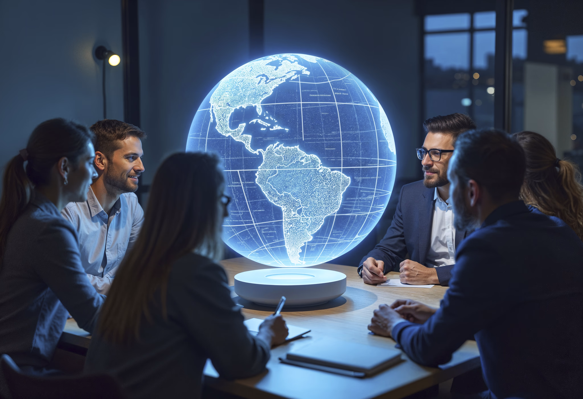 Team gathered around a holographic globe during a meeting
